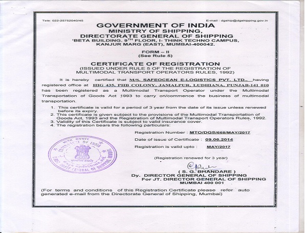 Multimodal Transport Operator Licenced by Director General of Shipping Govt of India